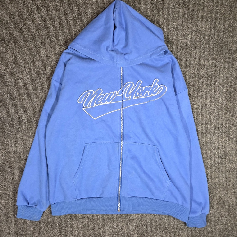 Edikted New York Zip Up Hoodie Women Blue Embroidered Graphic Sweatshirt Baggy